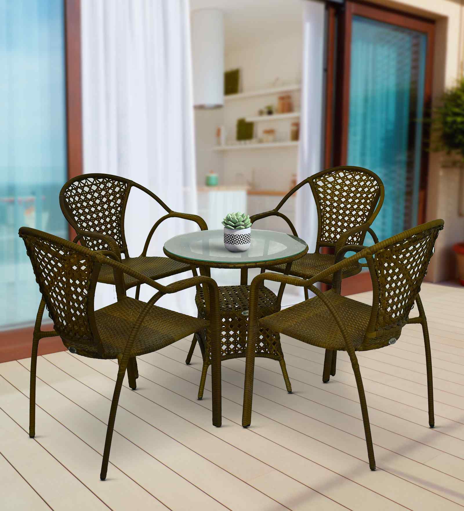 Esperance Wicker Table And Chair Set In Brown Finish