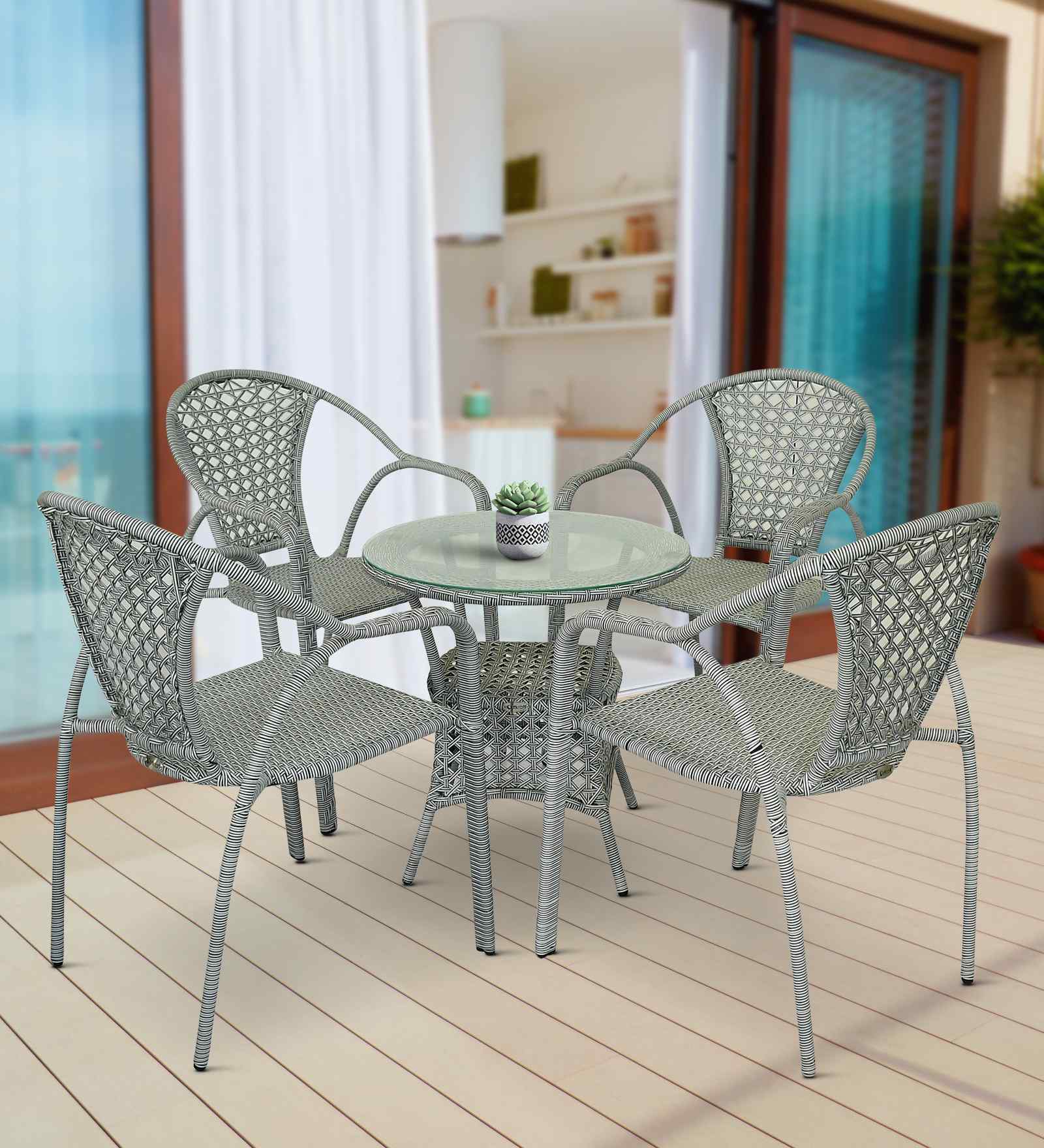 Esperance Wicker Table And Chair ( With 4 Chairs )Set In White And Black Finish