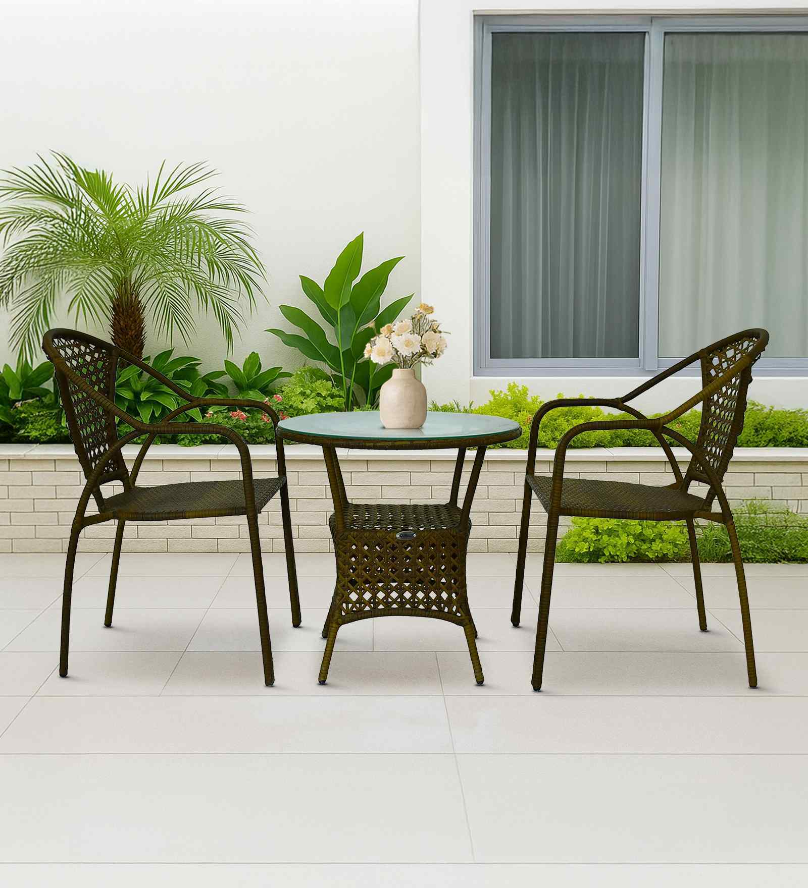 Esperance Wicker Table And Chair Set ( With 2 Chairs ) In Beige And Brown Finish