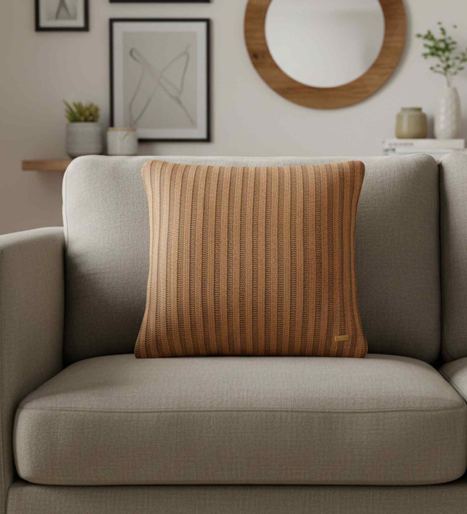 Espresso Copper Print 100% Cotton Stripe Foil Print 16X16 Inches Knitted Cushion Cover