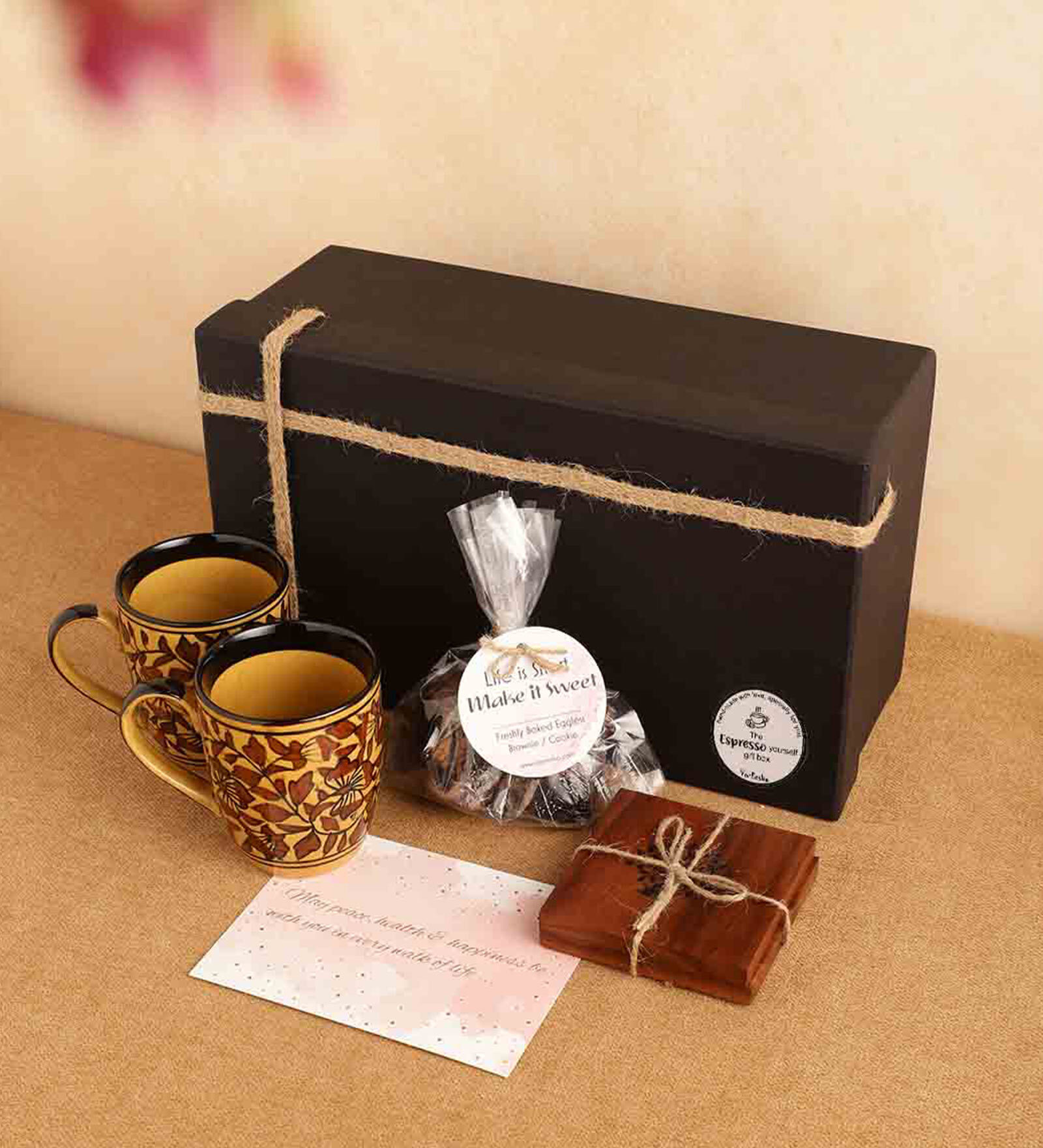 Brown Ceramic Mug & Coaster Handpainted Gift Box