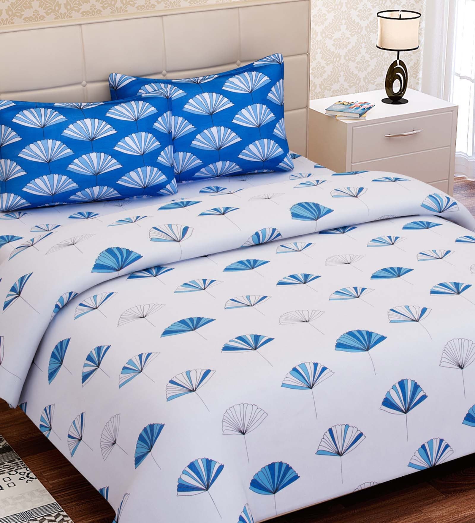 Blue Abstract 144 TC Cotton Queen Sized Bed Sheets with 2 Pillow Covers