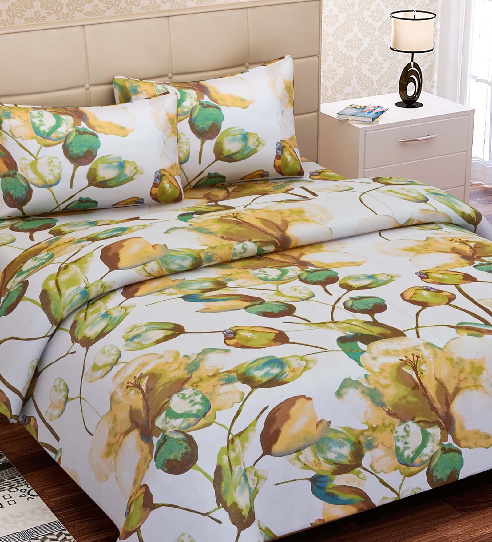 Buy Brown Floral 144 TC Cotton Queen Sized Bed Sheets with 2 Pillow