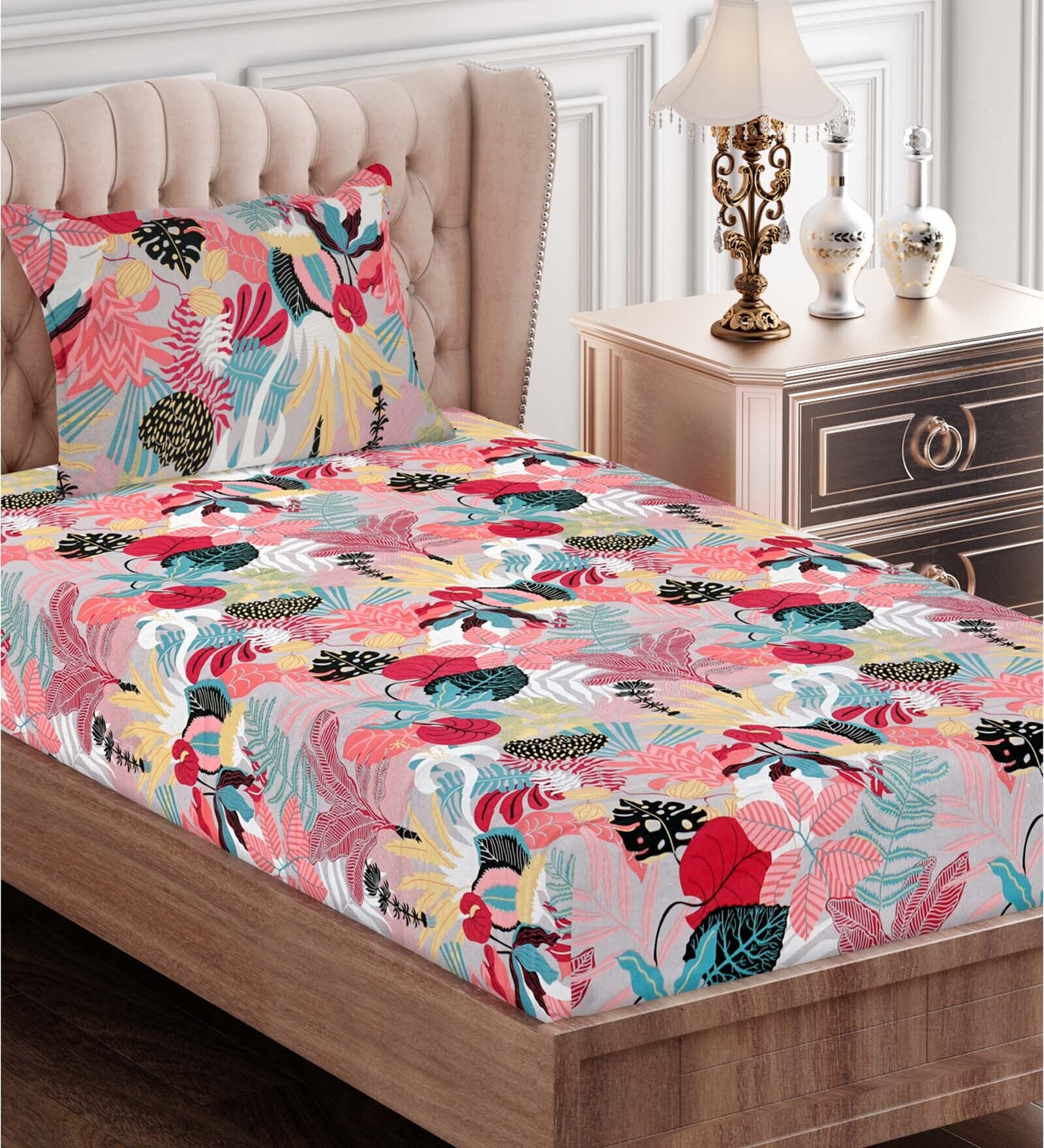 Pink Floral 144 TC Cotton Single Bed Sized Bed Sheets With 1 Pillow Cover