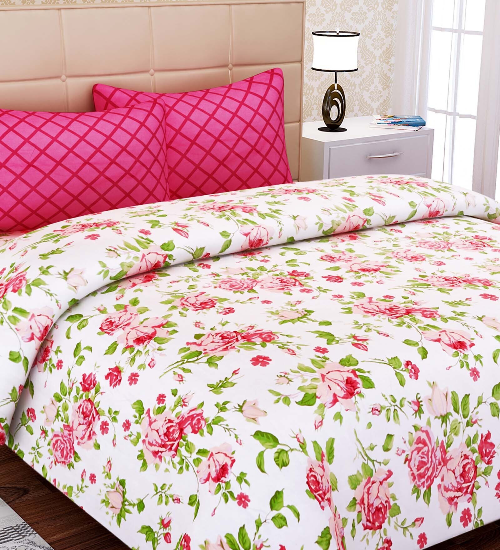 Pink Floral 144 TC Cotton Queen Sized Bed Sheets with 2 Pillow Covers