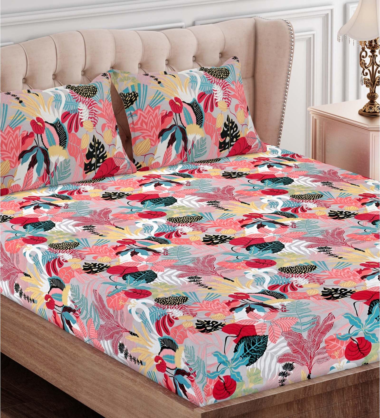 Pink Floral 144 TC Cotton Queen Sized Bed Sheets with 2 Pillow Covers
