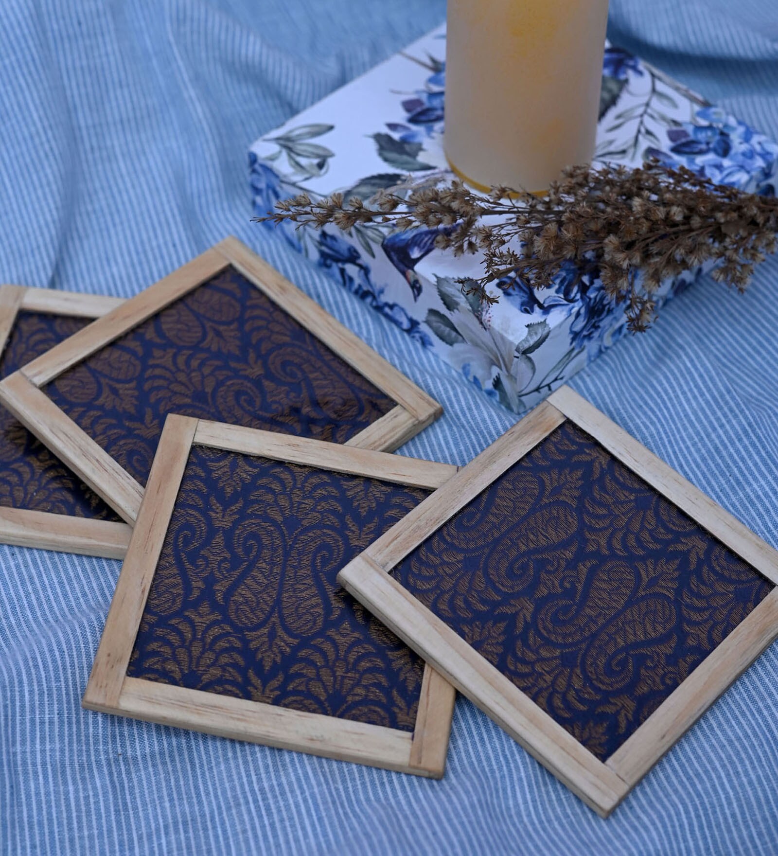 Estra Blue  Blended Silk 4 Pcs Coasters