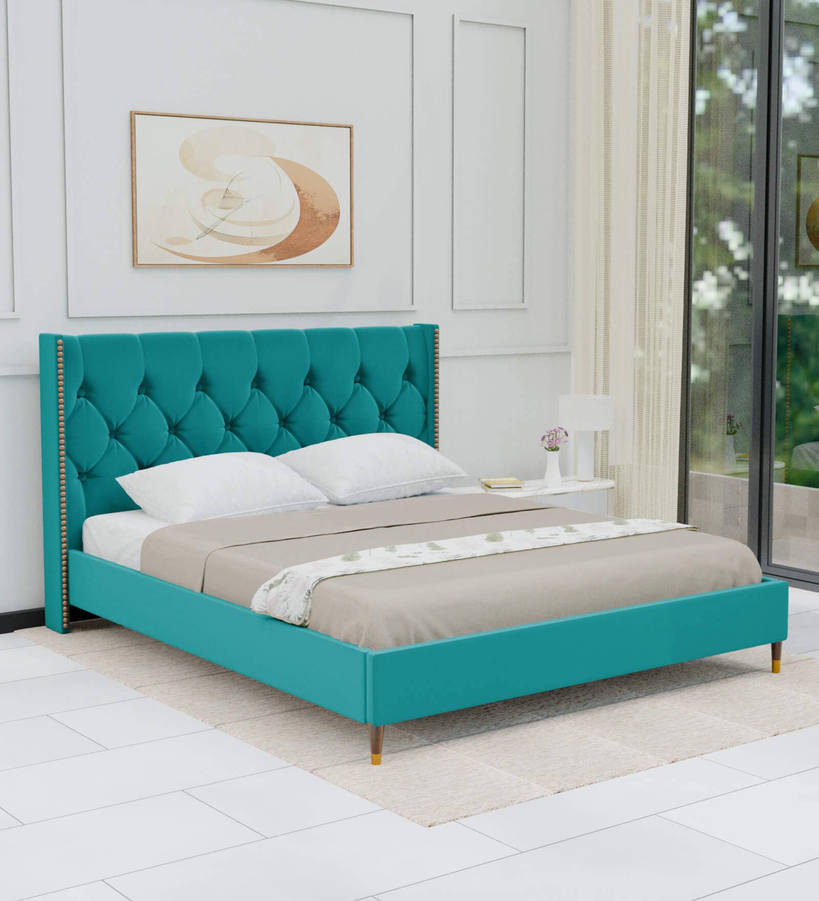 Estrella Upholstered King Size Bed In Turquoise Colour