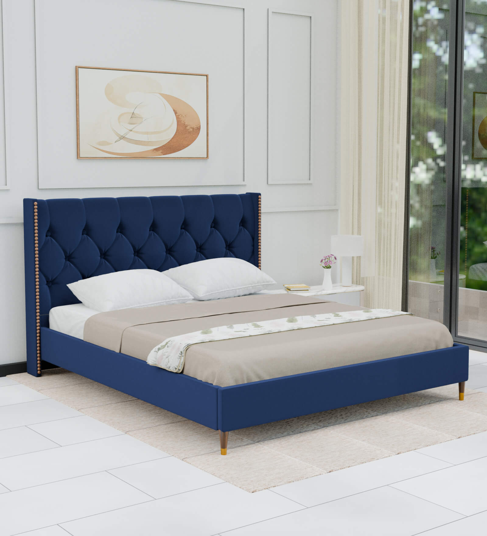 Estrella Upholstered Queen Size Bed In Midnight Blue Colour