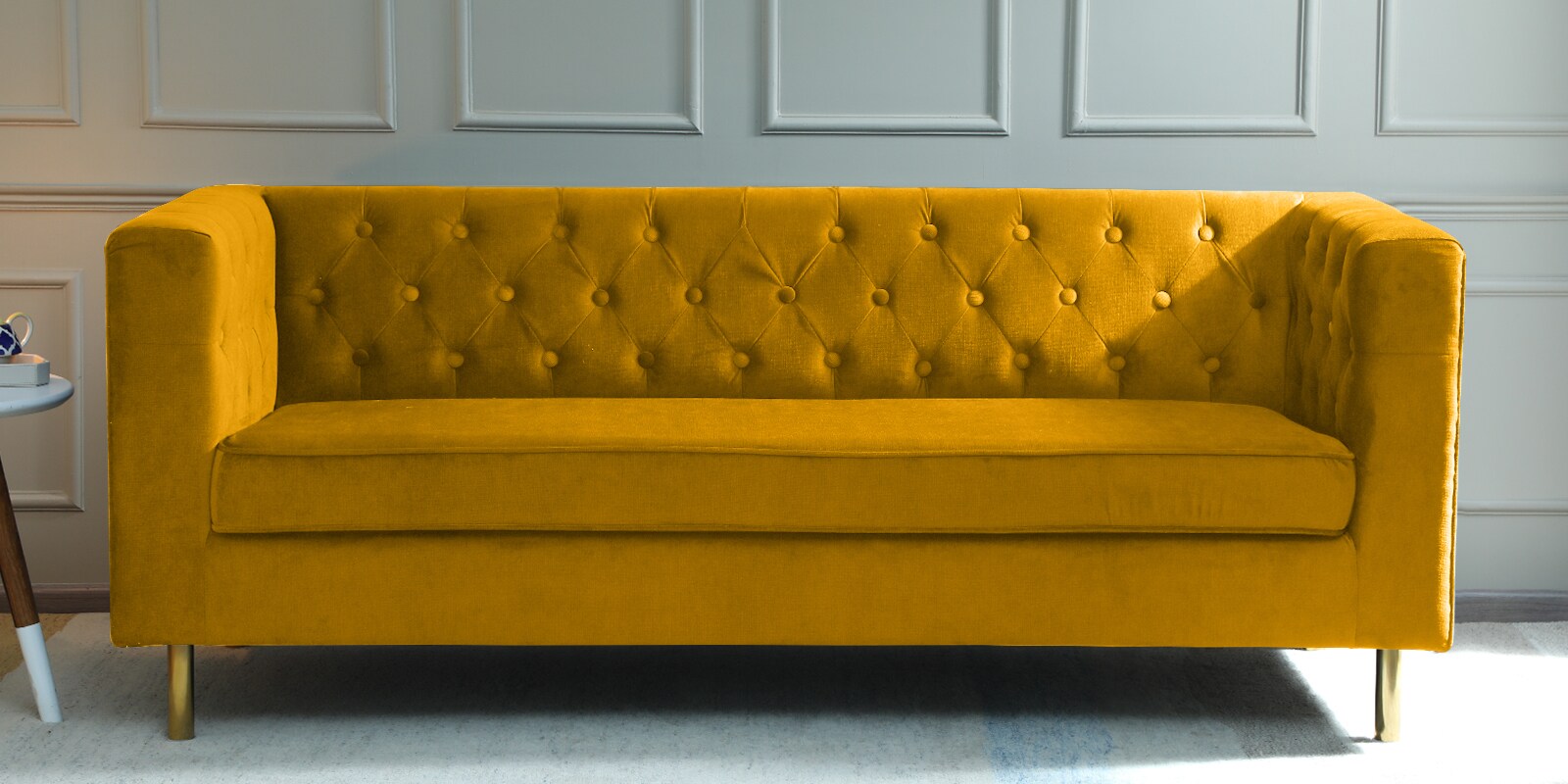 Buy Estevan Velvet 3 Seater Sofa in Yellow Colour at 10 OFF by