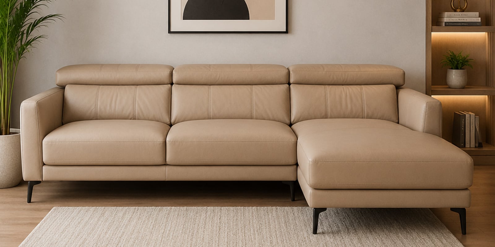Estonia Half Leather LHS Sectional Sofa (3+ Lounger) in Exotica Oyster Beige colour