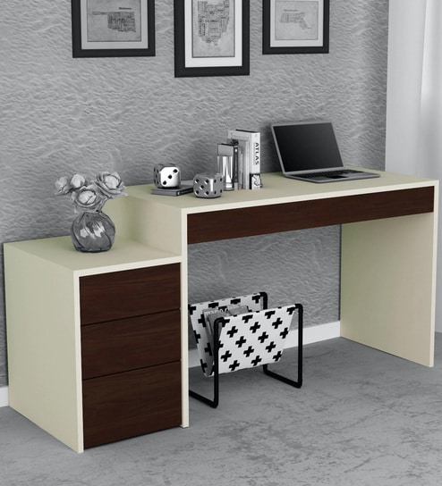 Eskada Executive Desk In Ivory & Walnut Finish With File Cabinate