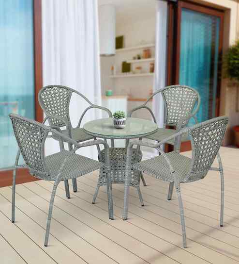 Esperance Wicker Table And Chair ( With 4 Chairs )Set In White And Black Finish