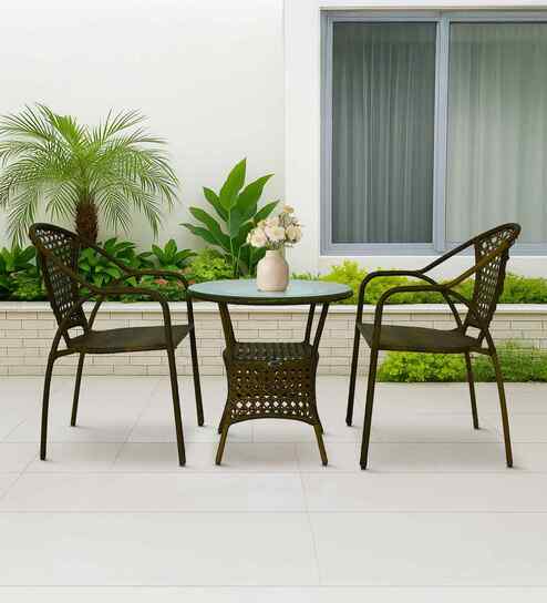 Esperance Wicker Table And Chair Set ( With 2 Chairs ) In Beige And Brown Finish