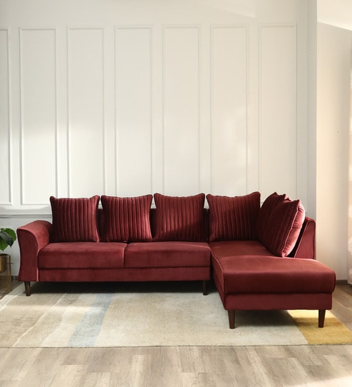 Espino Velvet LHS Sectional Sofa (3 + Lounger) In Wine Red Colour