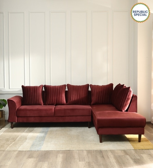 Espino Velvet LHS Sectional Sofa (3 + Lounger) In Wine Red Colour