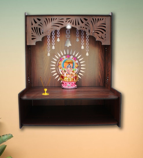 Essentials Wooden Temple for Home with Spacious Shelf & Inbuilt Focus Lights