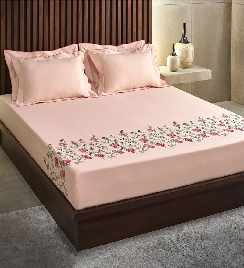 Buy Essential 100 Cotton 210TC Embroidered Double Bedsheet With 2