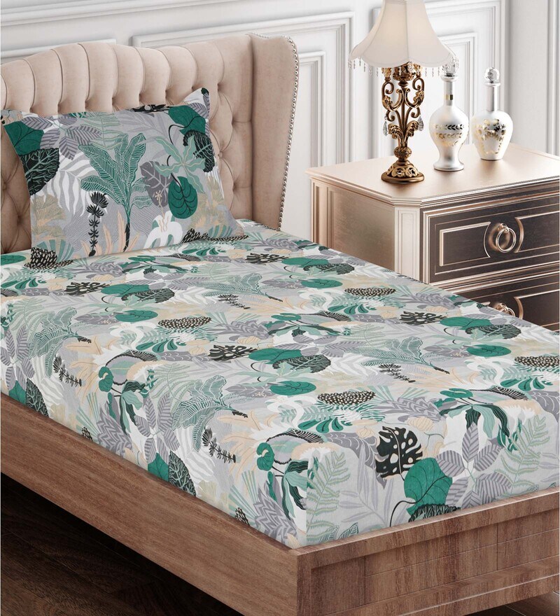 Buy Essentials Green Floral Cotton 1 Bedsheet with 1 Pillow Cover By