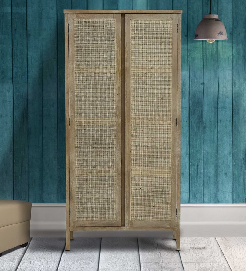 Buy Essex Solid Wood 2 Door Wardrobe with Cane Work in Heritage White Finish By Amberville