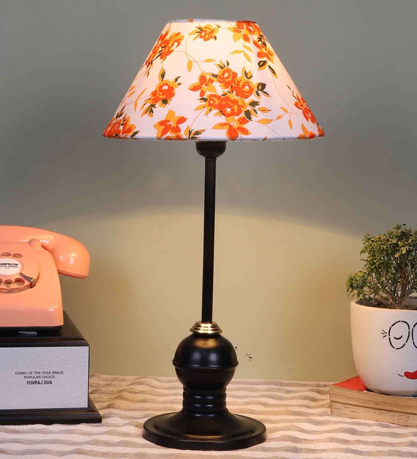 Etched Metal Night Lamp with Cotton Shade (Antique Gold & Multicolor)