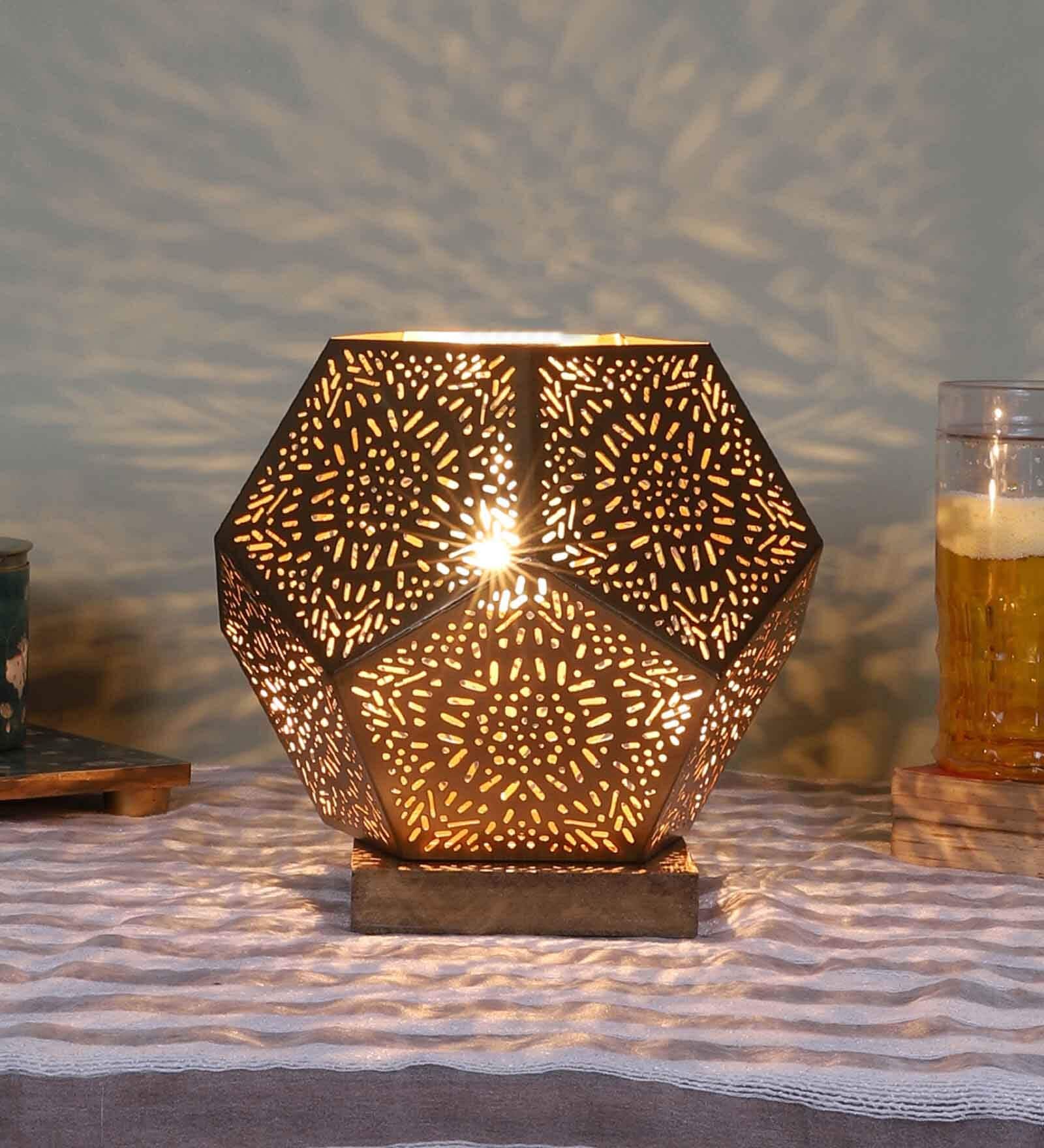 Etched Metal Night Lamp with Metal Shade (Antique Gold & Gold)