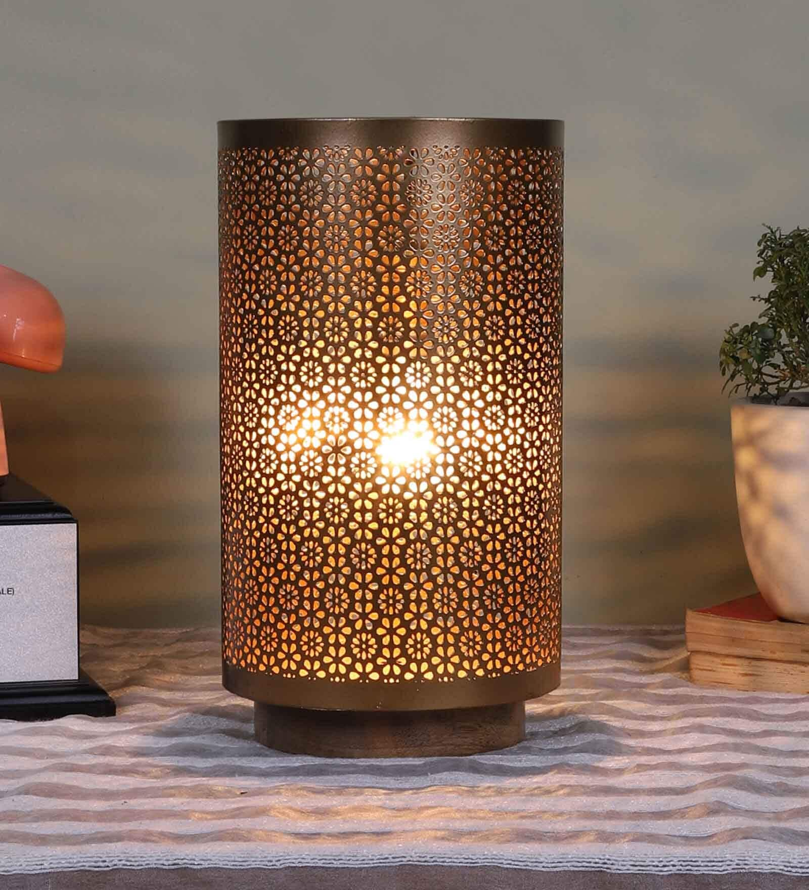 Etched Metal Night Lamp with Metal Shade (Antique Gold & Gold)