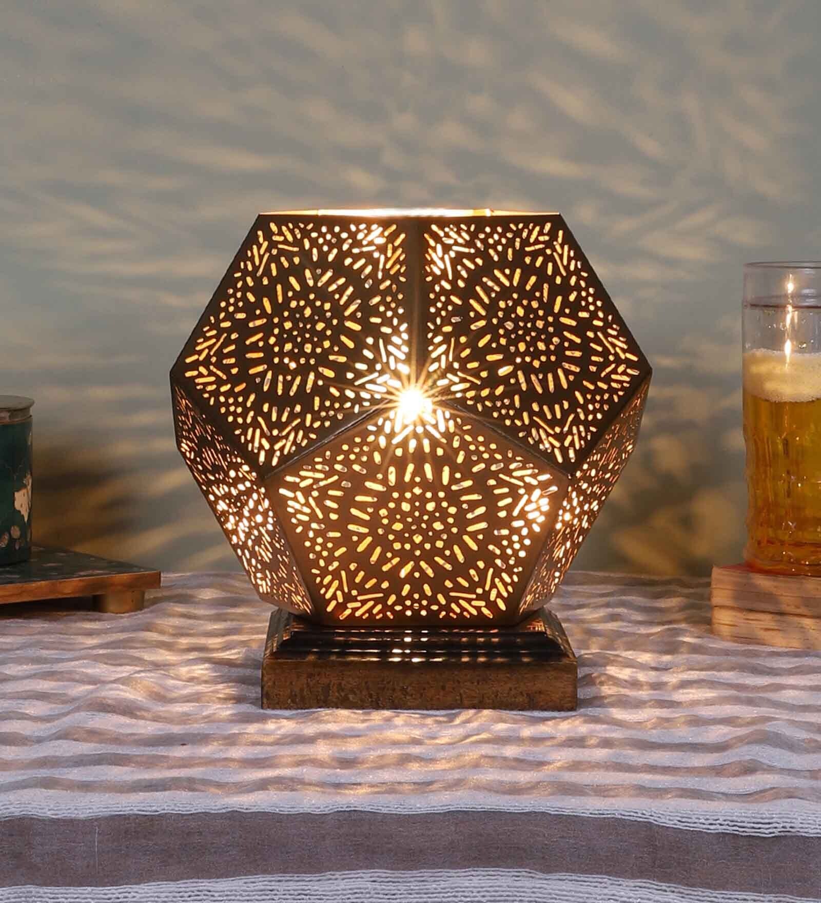 Etched Metal Night Lamp with Metal Shade (Antique Gold & Gold)