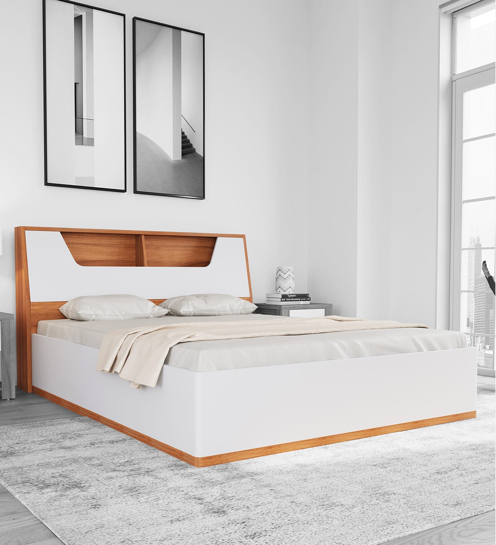 Eternal Queen Size Bed in Teak & Light Grey Finish with Hydraulic Storage