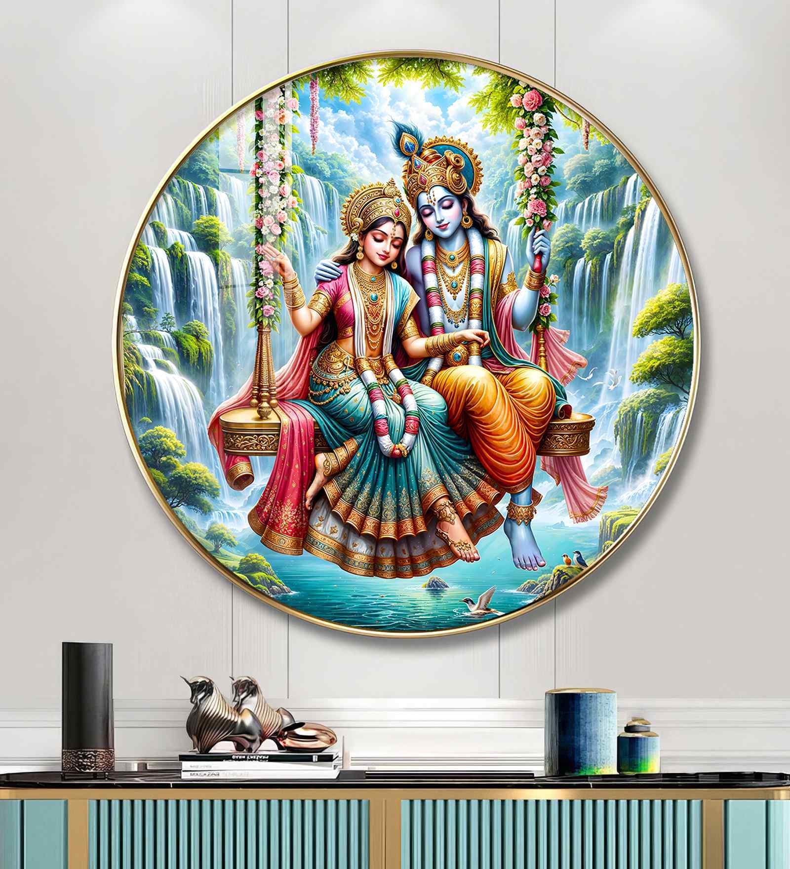 Ethereal Goddess Radha And God Krishna Acrylic Round Wall Art