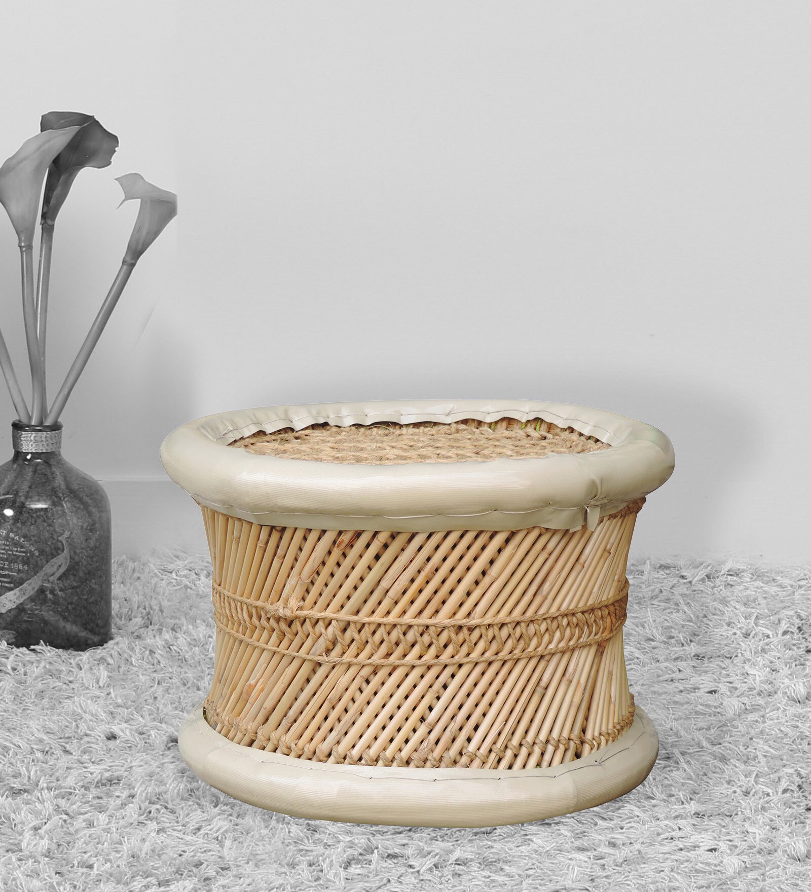 Ethnic Wicker Foot Stool in White & Natural Finish Ethnic Wicker Foot Stool in White & Natural Finish