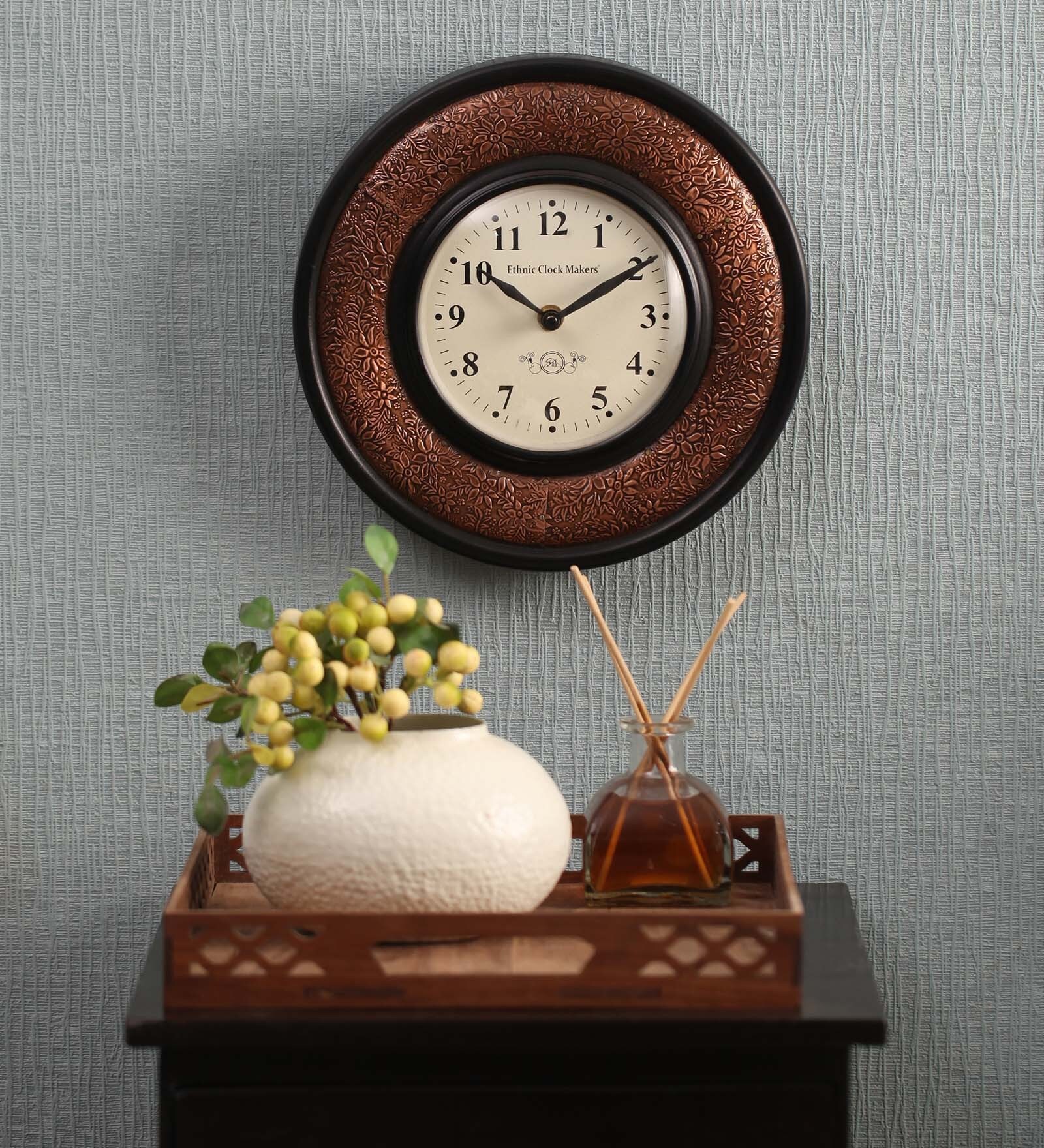 Buy Ethnic Clock Makers Brown MDF & Metal 10 Inch Round Wall Clock