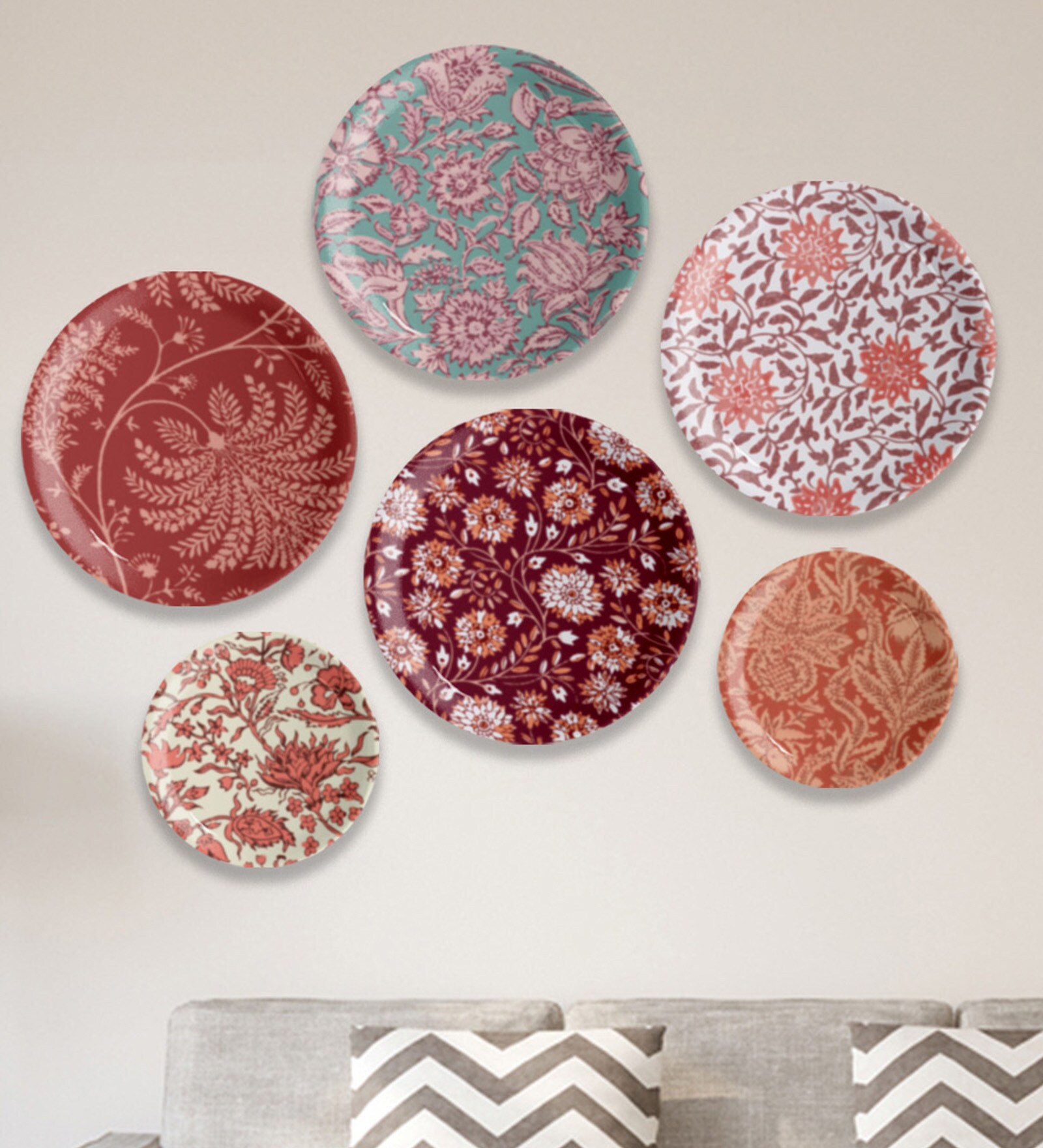 Ethnic Floral Printed Porcelain Wall Plate Set Of 6