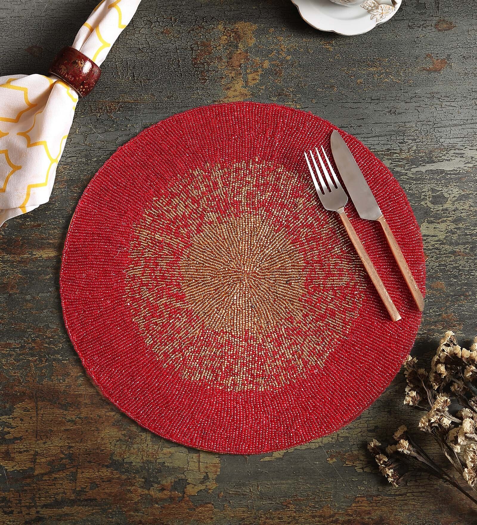 Buy Ethnic Hand Beaded Red Polyester 15X15 Inches Placemat at 37% OFF ...