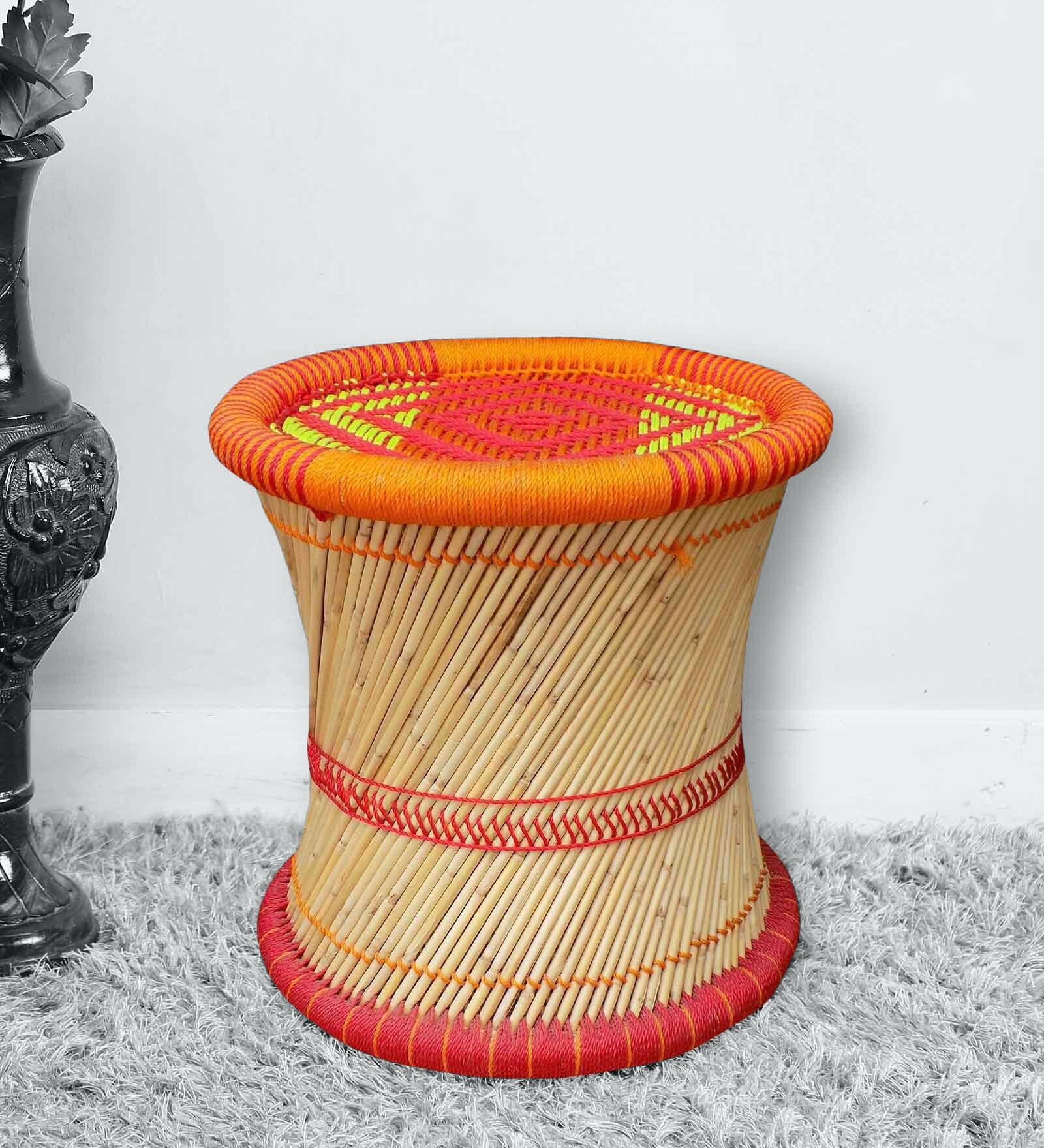 Ethnic Wicker Seating Stool in Orange Colour