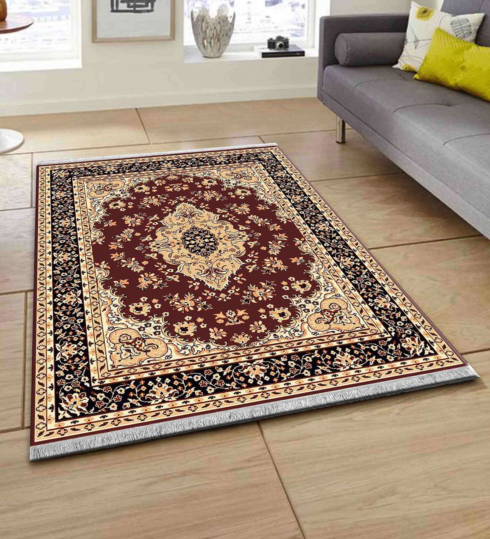 Beige Persian Polyester 5 ft x 7 ft Machine Made Carpet