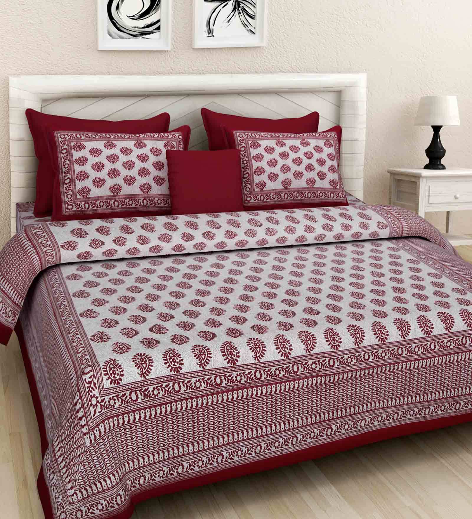 Maroon Traditional 144 TC Cotton 1 Double Bedsheet with 2 Pillow Covers