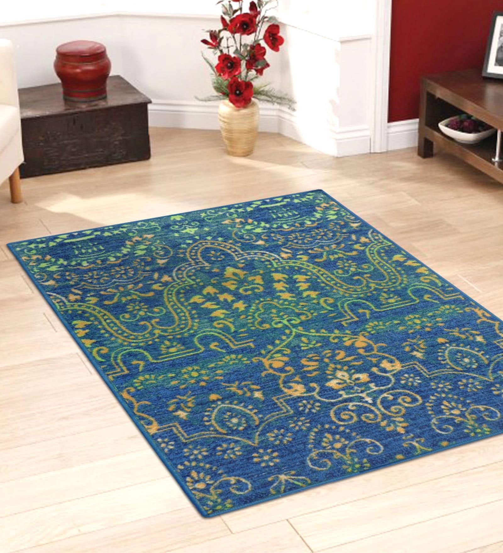 Blue Nylon Vintage 4 x 6 Feet Machine Made Carpet