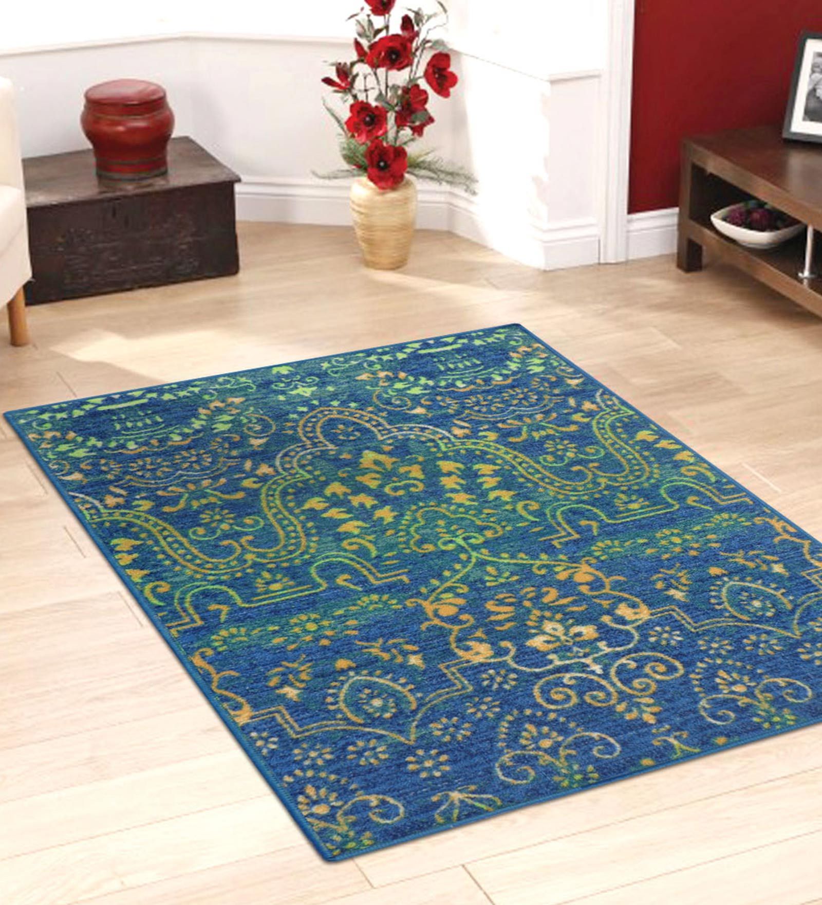 Blue Persian Polyester 5 ft x 7 ft Machine Made Carpet