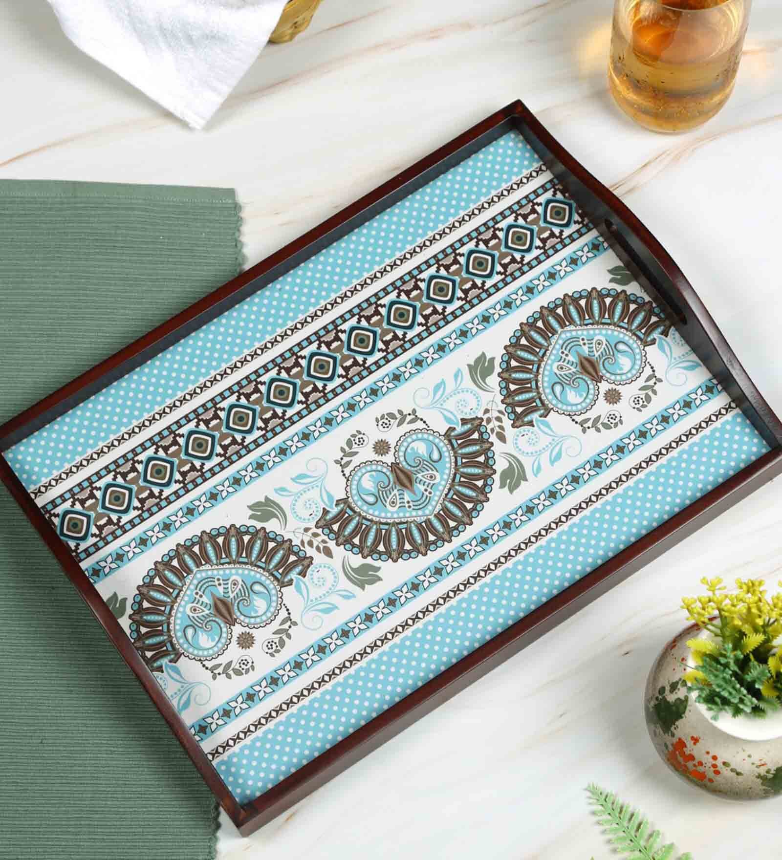 Ethnic Ornament Brown Teak Wood & MDF Serving Tray Reinvention factory