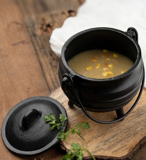 Ethinic 500ml Black Iron Serving Handi with Lid & Stand