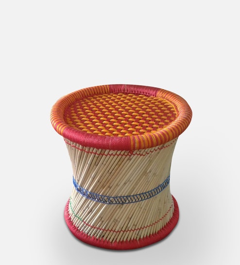 Ethnic Wicker Seating Stool in Red Colour
