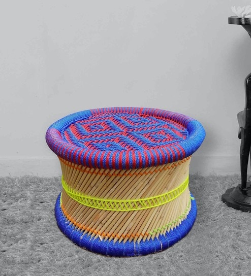 Ethnic Wicker Foot Stool in Blue Colour