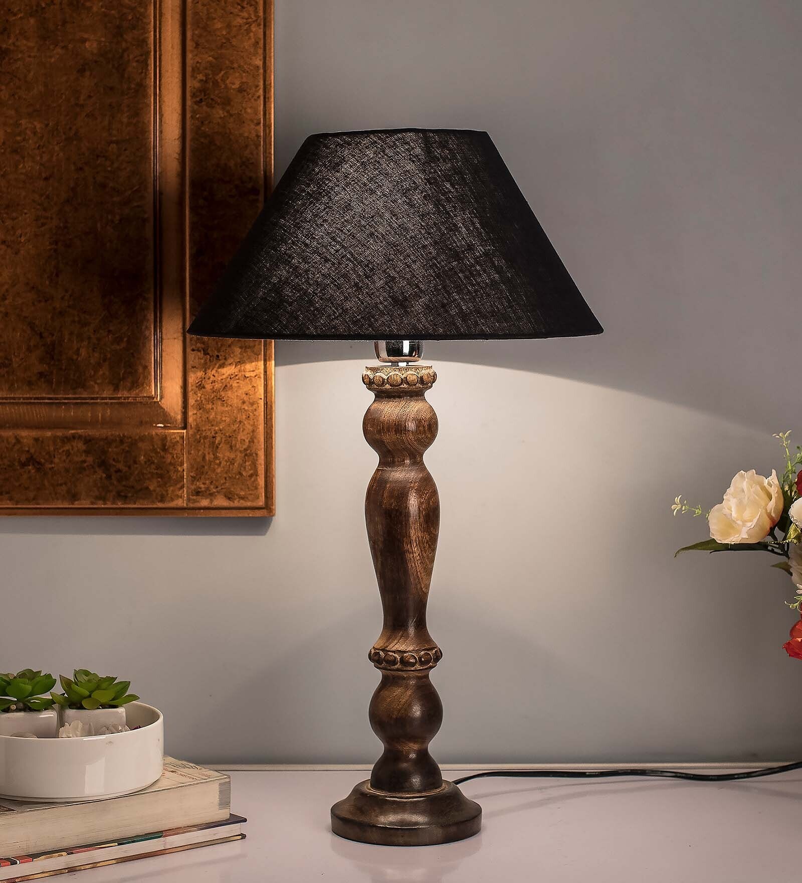 Eureka Polka Black Wood Table Lamp With Black Shade