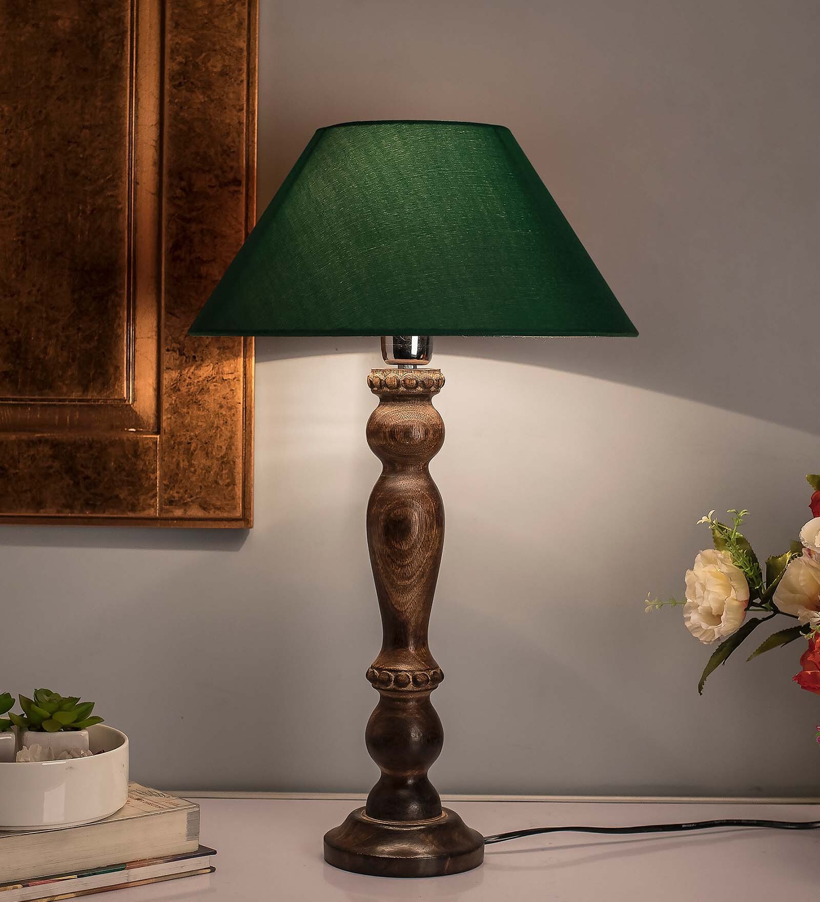 Eureka Polka Black Wood Table Lamp With Green Shade