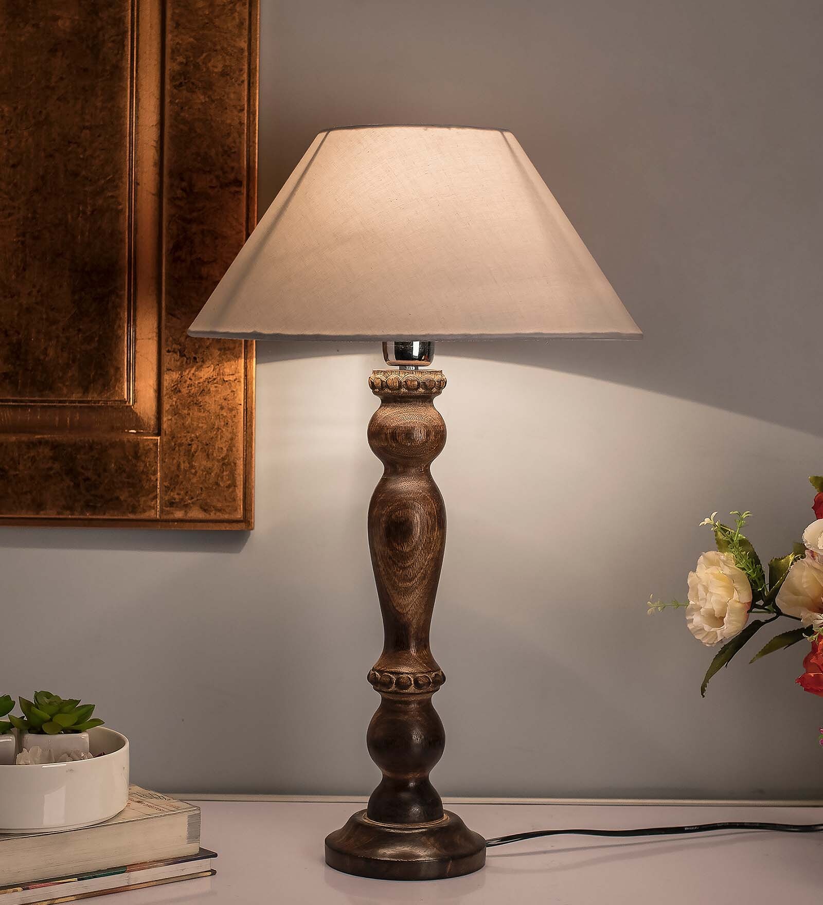 Eureka Polka Black Wood Table Lamp With White Shade