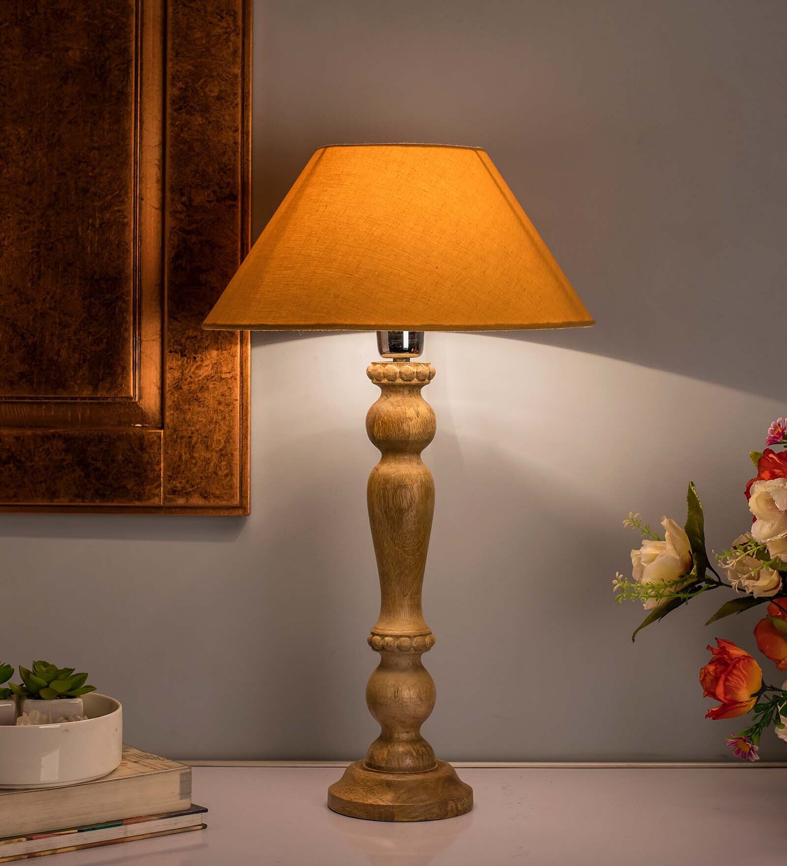 Eureka Polka Natural Wood Table Lamp With Golden Shade