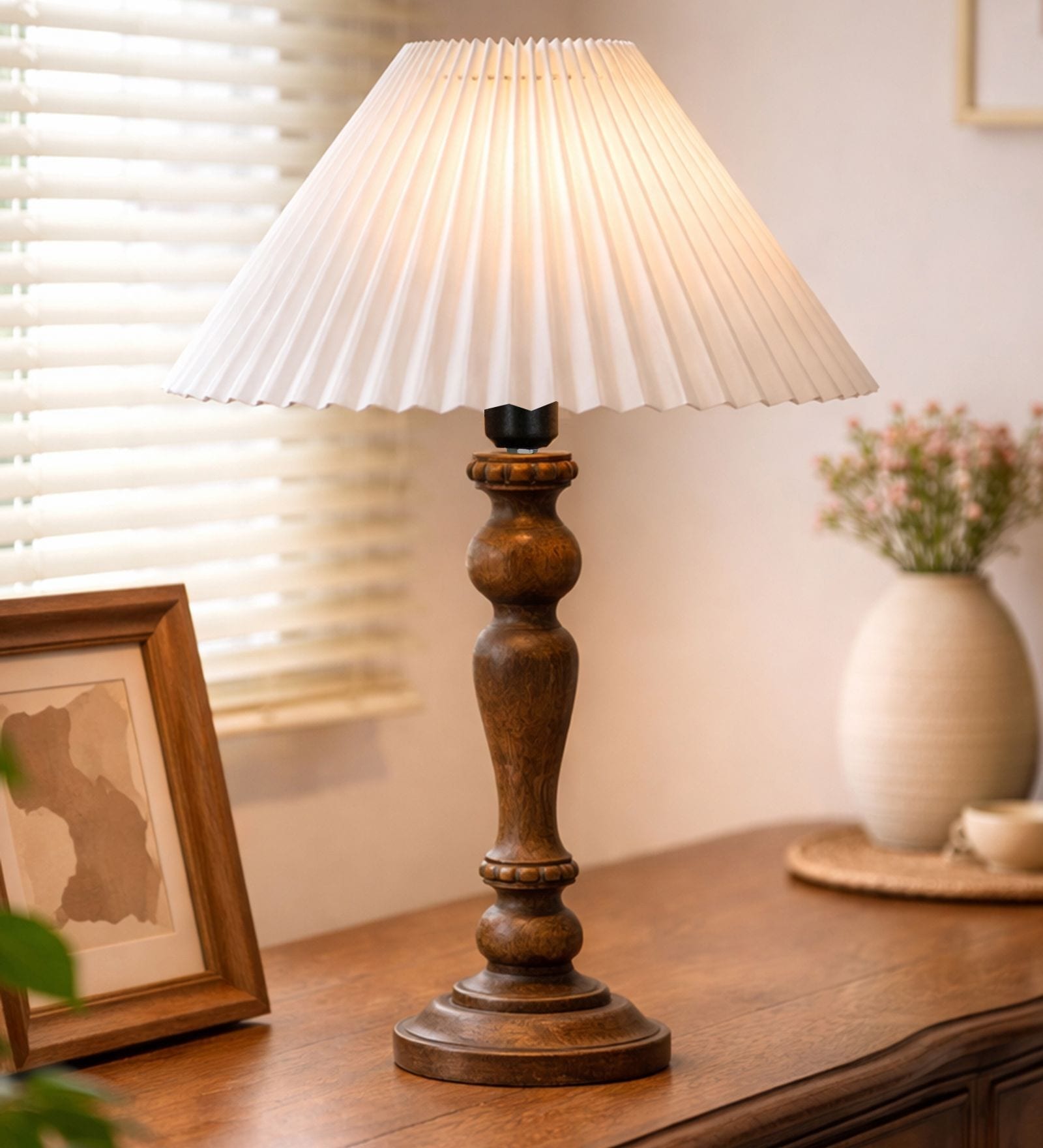 Eureka Polka Wooden Table Lamp with Pleated Shade for Bedroom & Home D cor