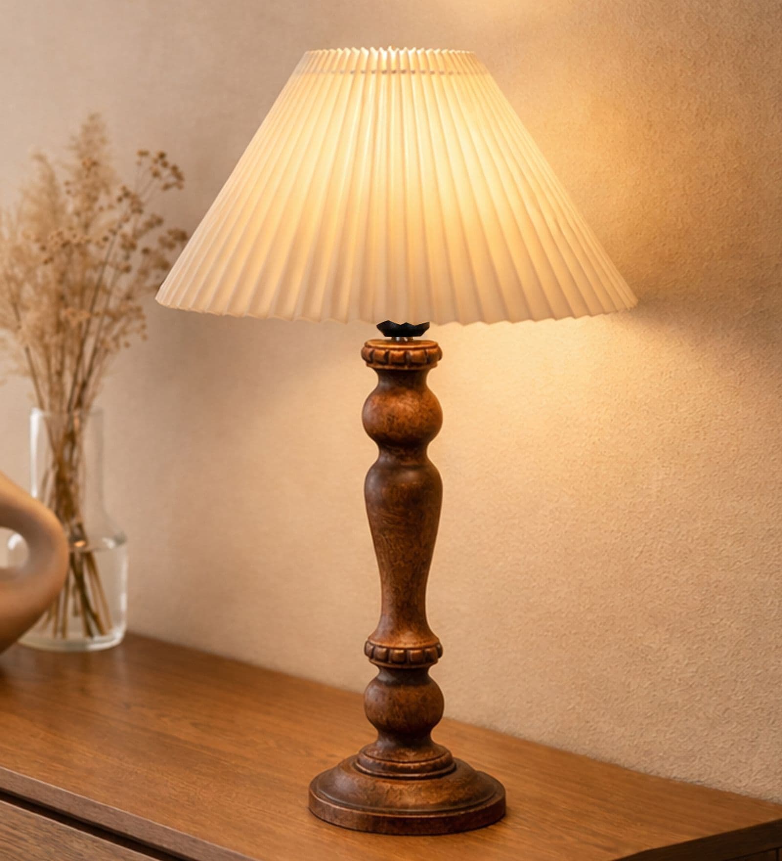Eureka Polka Wooden Table Lamp with Pleated Shade for Bedroom & Home D cor