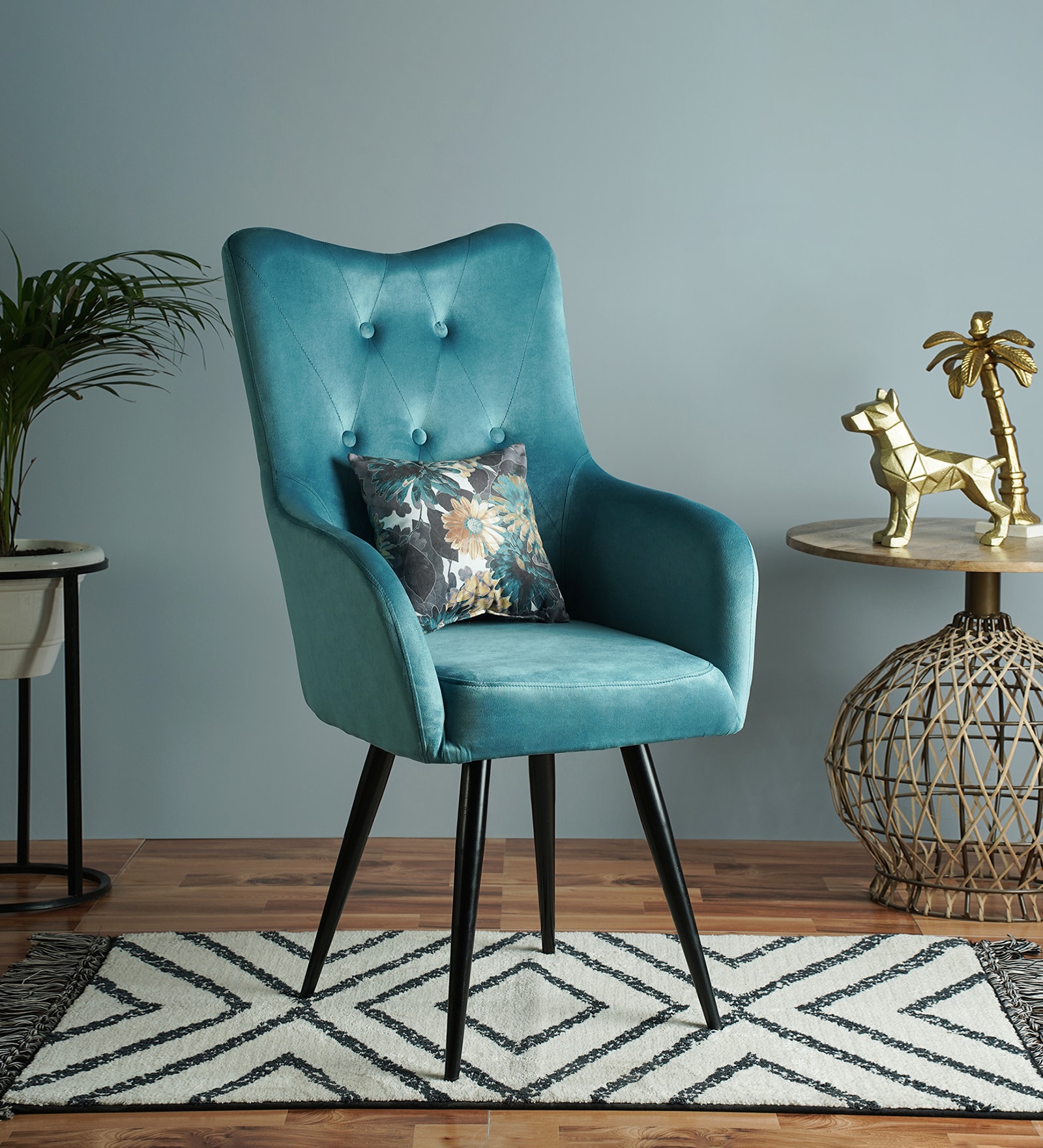 Euric Velvet Arm Chair in Blue Colour